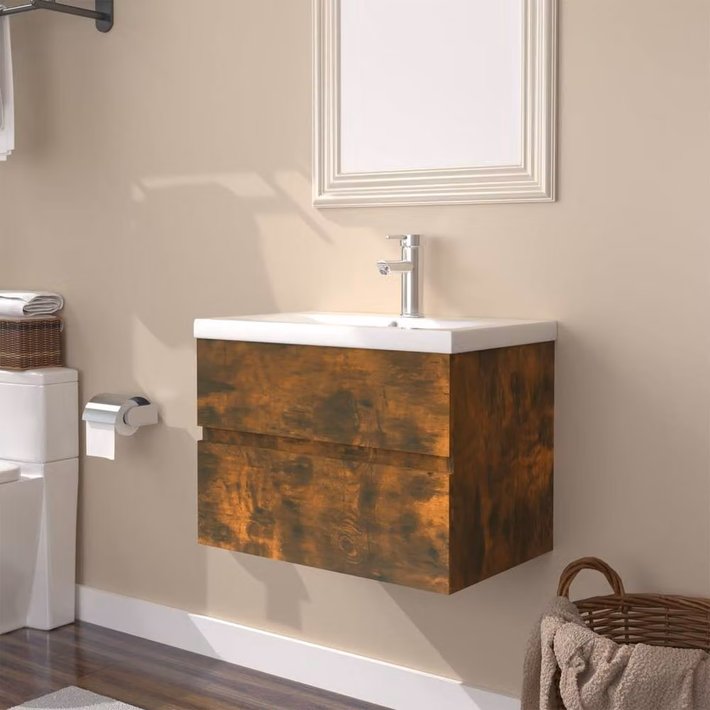 Berkfield Home Wall Mounted Bathroom Sink Cabinet with Built-in Basin in Smoked Oak Brown – 2