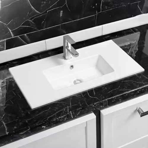 Limoge 4024A White Ceramic Thin-Edge Inset Bathroom Basin with Rectangular Bowl W: 81 cm, D: 80.97 cm, H: 13.5 cm