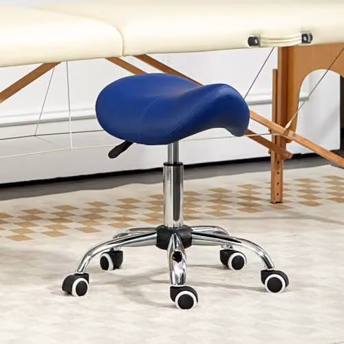 HOMCOM Blue PU Leather Adjustable Height Saddle Stool with Castors and Metal Frame – 4