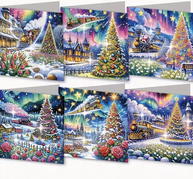 Syntego Pack of 6 Northern Lights Scene Diamond Art Cards for Adults, Multicolour