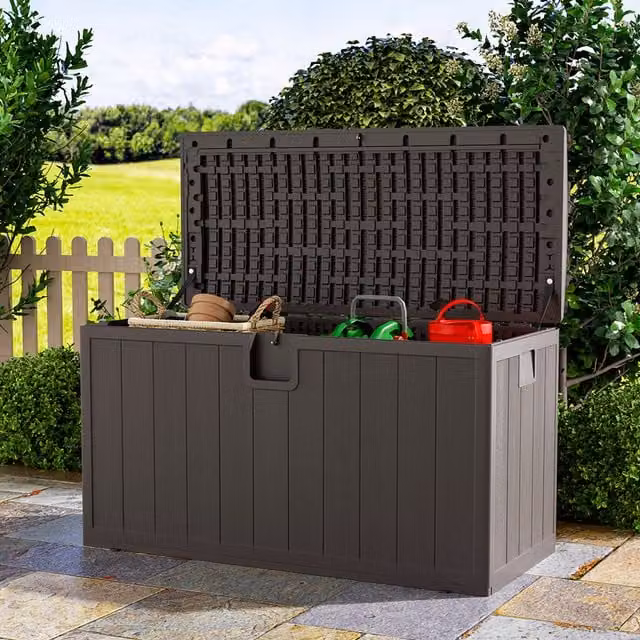 Livingandhome 105-Gallon Plastic Outdoor Garden Deck Storage Box in Brown