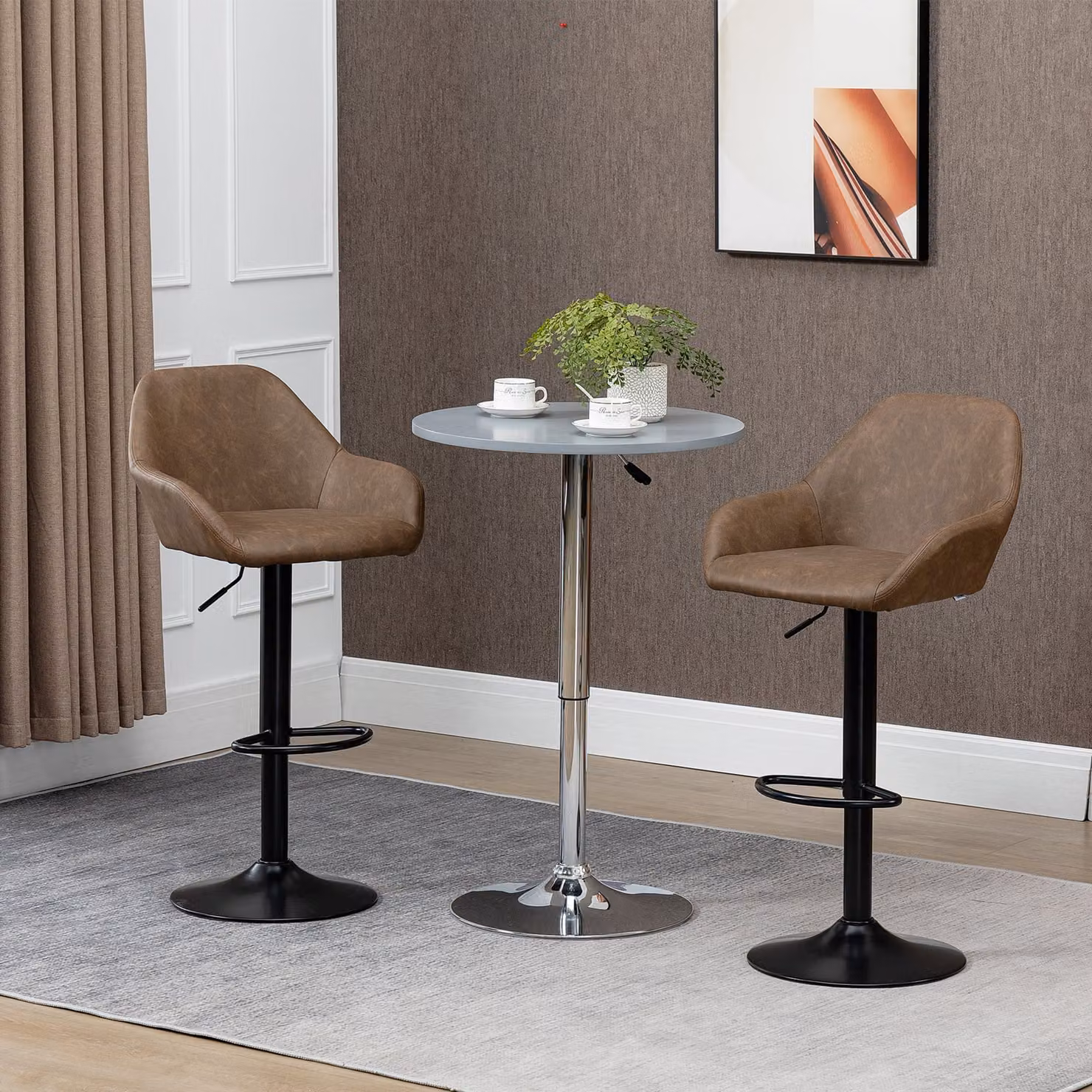 HOMCOM Set of 2 Adjustable Swivel Bar Stools in Dark Brown PU Leather with Steel Base and Footrest – 2