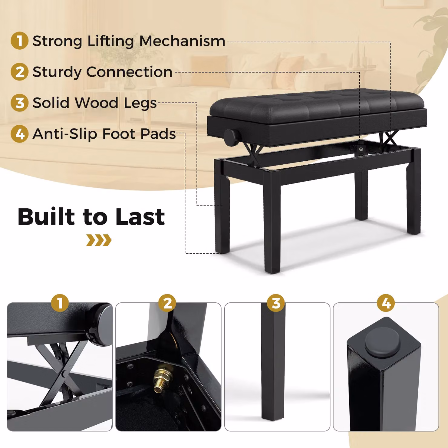Gymax Duet Piano Bench with Storage, Adjustable Padded Stool in Black – 6