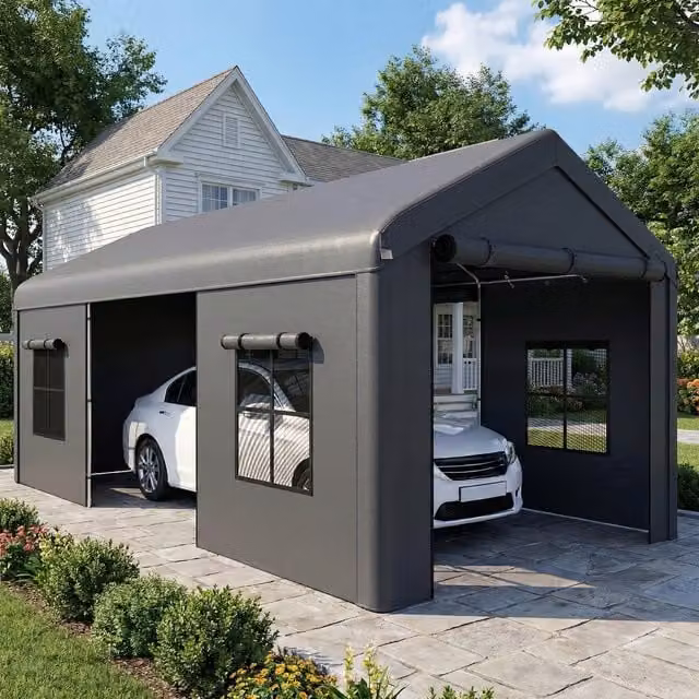 Outsunny Heavy Duty Gable Carport with Roll Up Doors and Windows in Dark Grey, W: 6 m, D: 3 m
