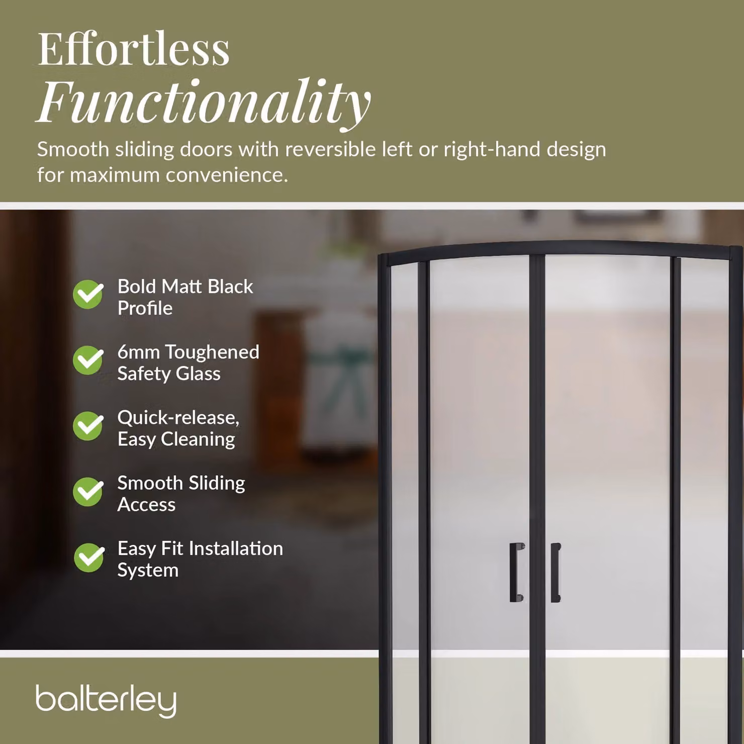 Balterley 6mm Glass Quadrant Corner Shower Enclosure, Matt Black, H x W x D: 190 x 90 x 90 cm – 3