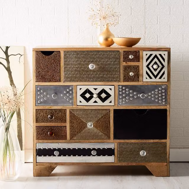 IH Design Modern Geometric Wood Bedroom Chest in Brown and Multicolour