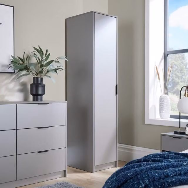 Home Source Phoenix 1 Door Wardrobe in Grey with Internal Shelves and Hanging Rod