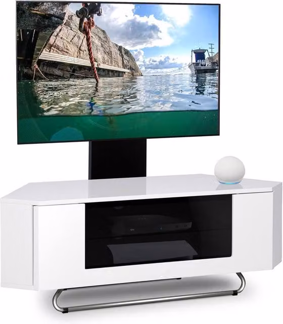 Centurion Supports HAMPSHIRE Corner-Friendly TV Stand Unit with Mounting Arm in White and Multicolour, W/D/H: 111 x 40 x 41 cm – 1