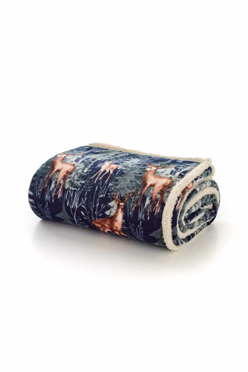 Deyongs Stag Sherpa Throw in Navy Forest Print, Reversible Fleece Blanket, W: 140 cm, L: 180 cm – 2