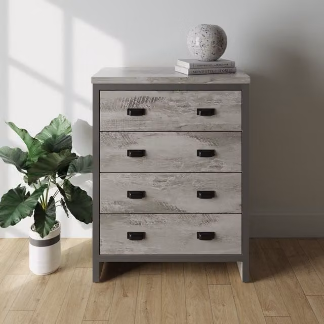 GFW Boston 4 Drawer Chest of Drawers in Grey and Black Industrial Style