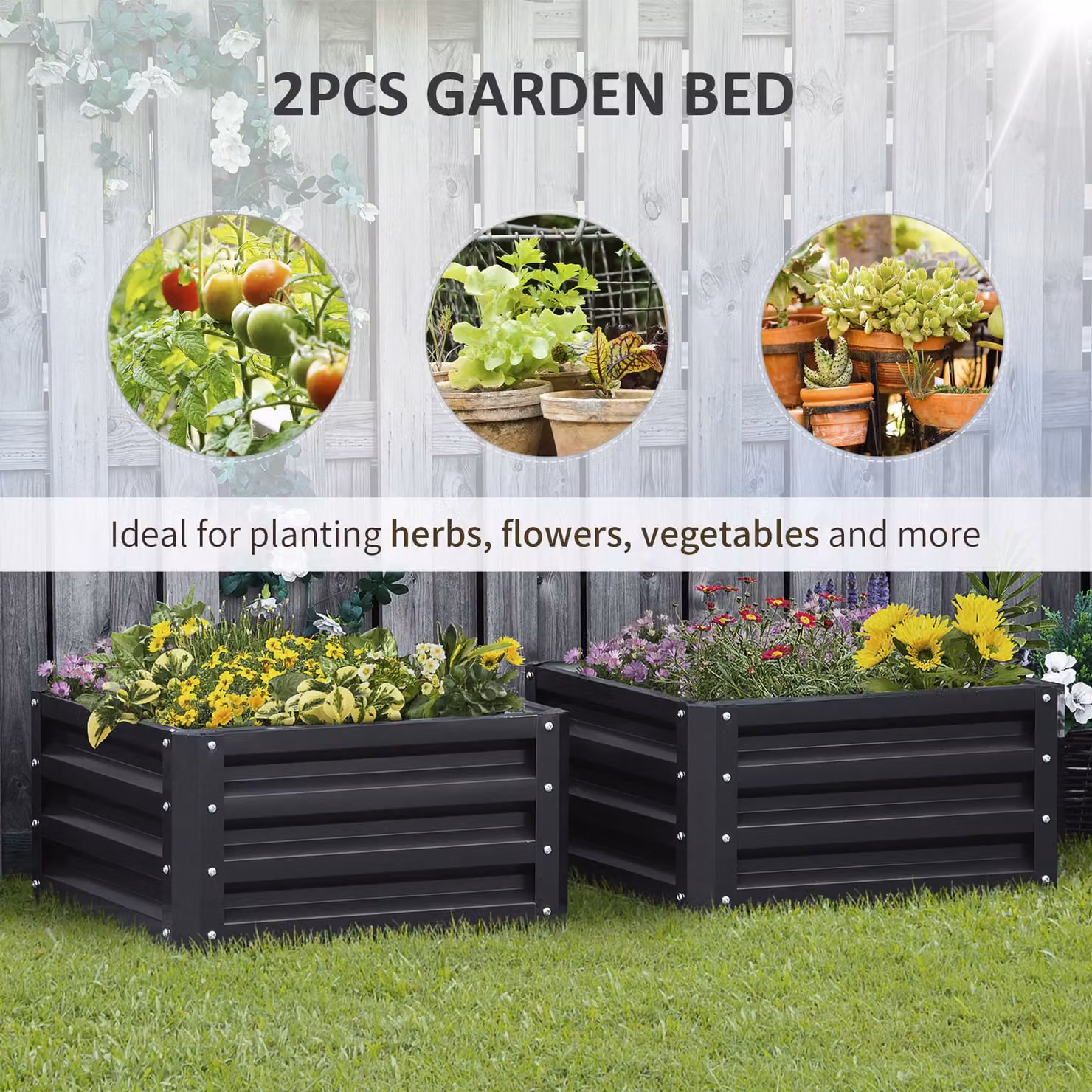 Outsunny Set of 2 Grey Galvanised Steel Raised Garden Beds for Flowers and Herbs, W: 60 cm, D: 60 cm, H: 30.5 cm – 4