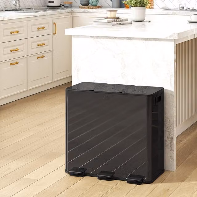 HOMCOM Triple Kitchen Pedal Bin with Odour Filter, Black, 3 x 20L