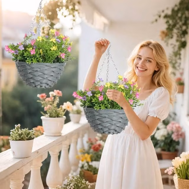 HOMCOM Set of 2 Multicolour Artificial Cosmos Flowers in Round Hanging Planter Baskets – 1