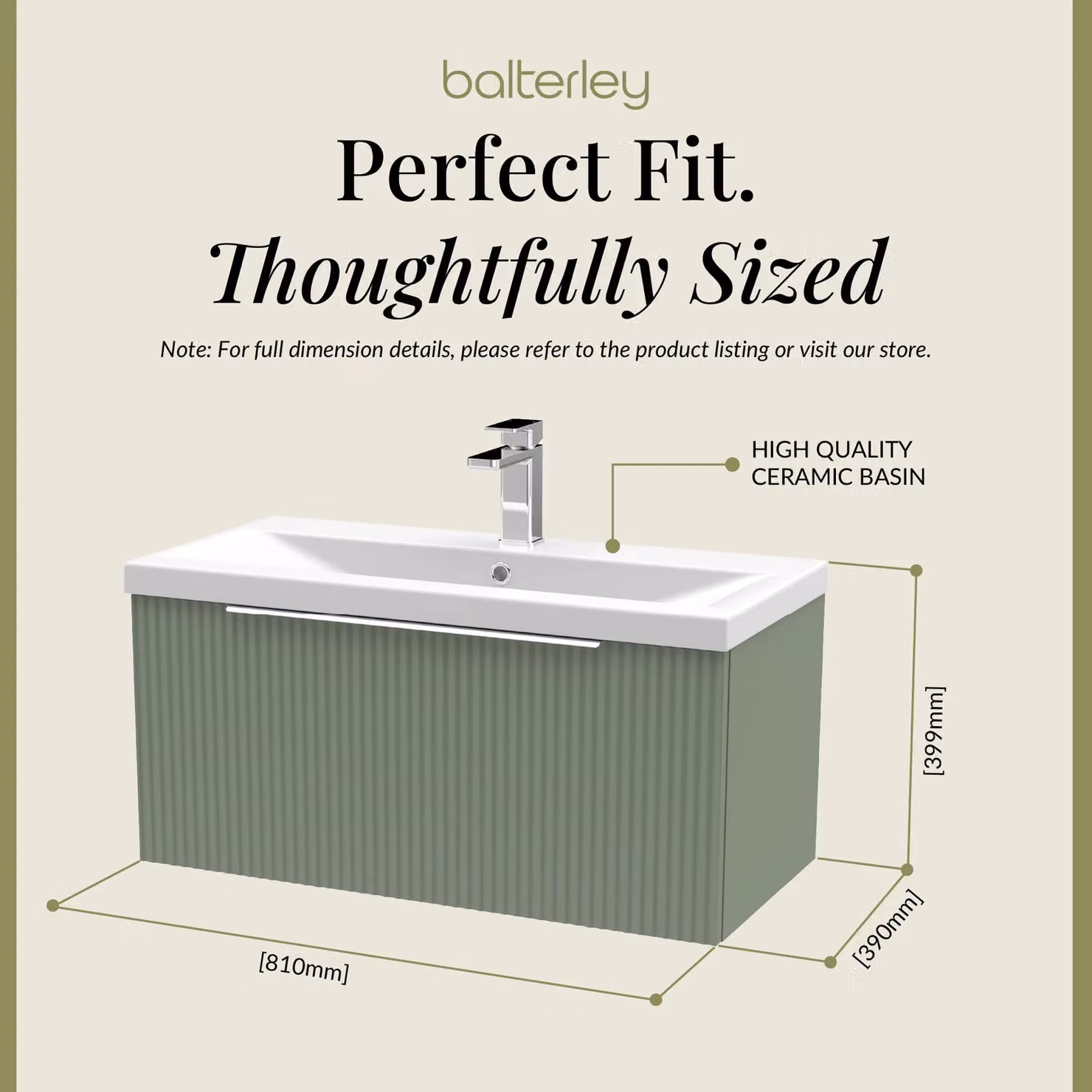 Balterley Fluted Wall Hung 1 Drawer Vanity Basin Unit and Basin, Satin Green, Width: 80 cm – 3