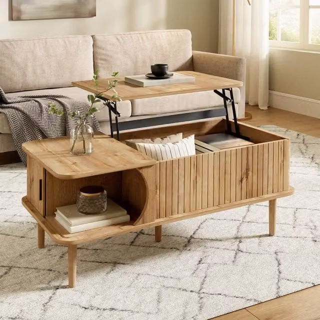 Merax Modern Scandinavian Lift Top Coffee Table with Sliding Door Storage in Brown – 1