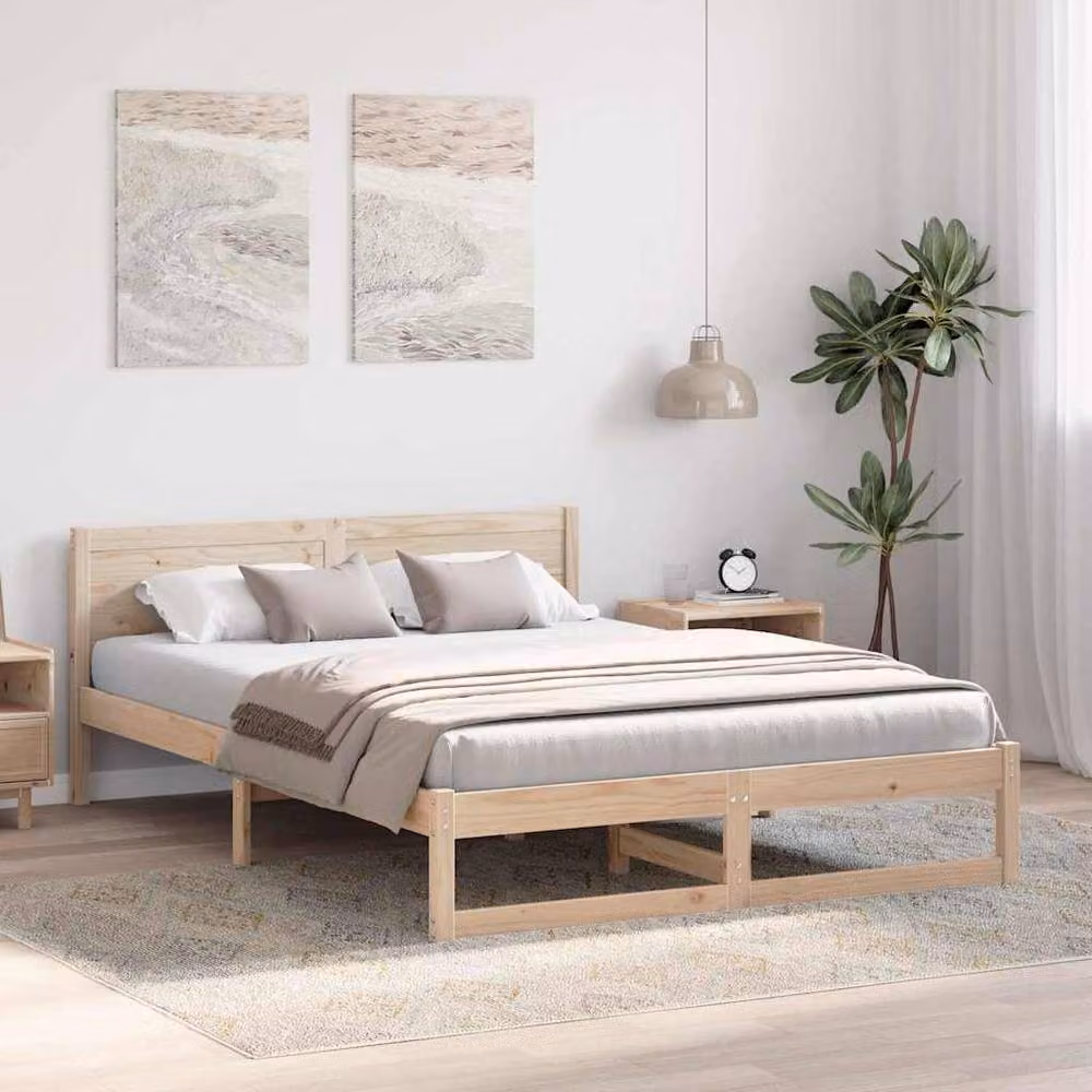 Berkfield Home Minimalist Solid Pine Wood Bed Frame in Beige and Brown, W/D/H: 150 x 200 x 70 cm – 2