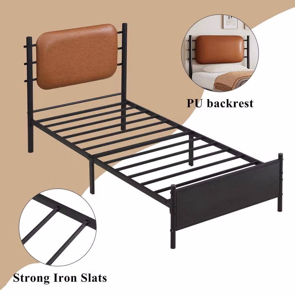 Matteo Black Wrought Iron Single Bed Frame with PU Upholstered Headboard – 4