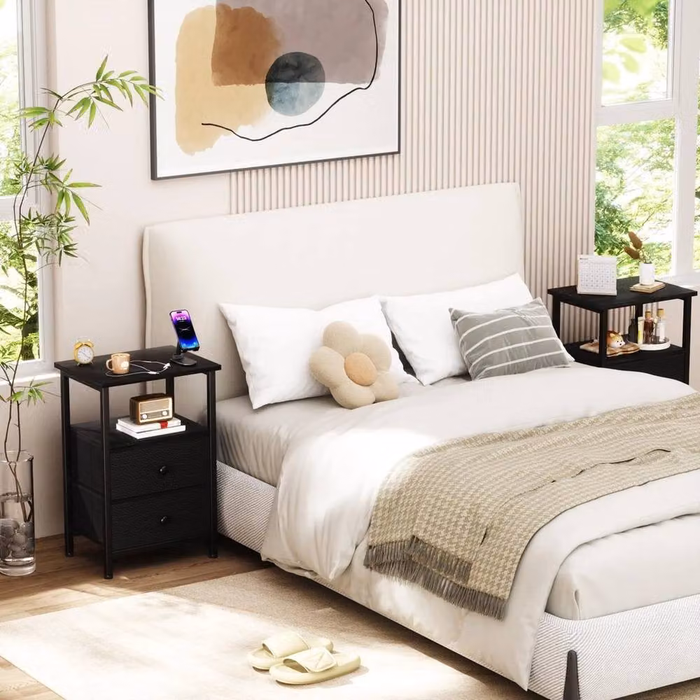 FORGEVIO Modern Bedside Table with 2 Fabric Storage Drawers, Black and Multicolour, W/D/H: 30 x 40 x 60 cm – 3