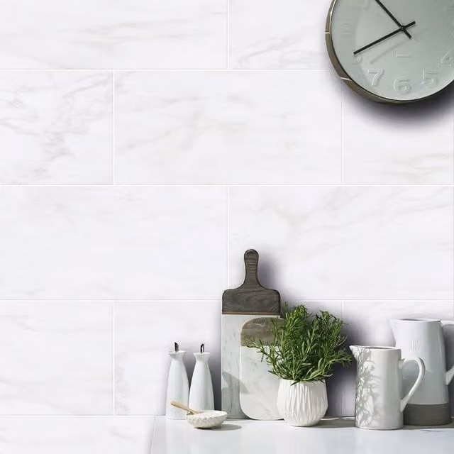 Johnson Tiles Bianco White Marble Effect Satin Wall Tiles, Pack of 9