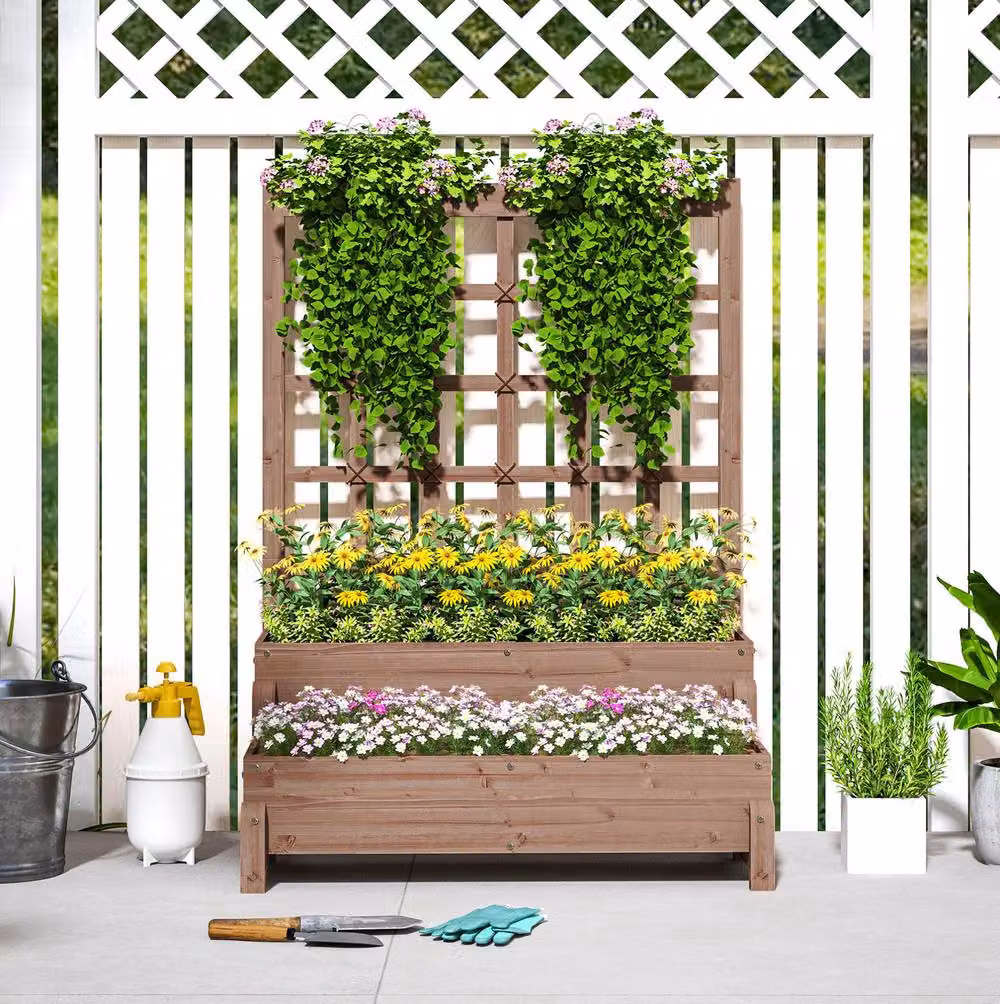STILVORA Wooden Raised Planter with Trellis, Brown, W/D/H: 121 x 66 x 88 cm – 2