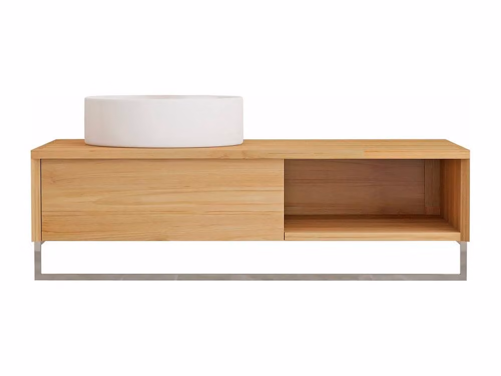 Vente-unique Suspended Teak Bathroom Vanity Unit with Towel Rail and Round Ceramic Basin in Light Oak – 2