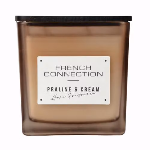 French Connection Praline & Cream Scented Candle in a Brown Frosted Glass Jar with Wooden Lid, XL