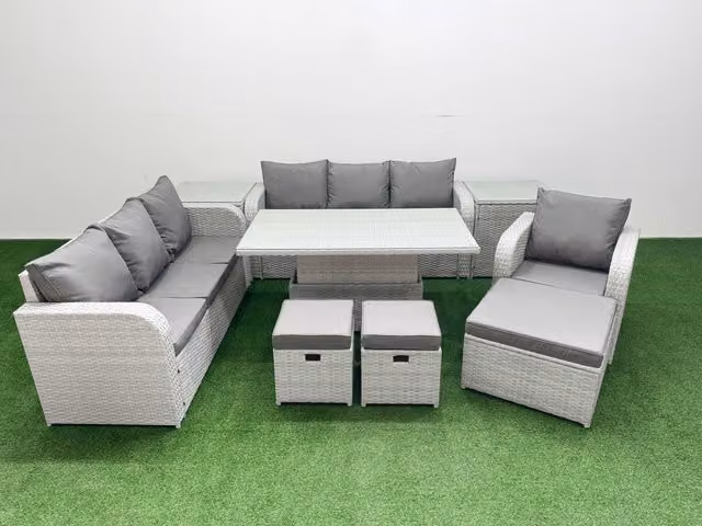 Fimous 10 Seater Poly Rattan Garden Furniture Set in Grey with Adjustable Lifting Dining Table, 3 Seater Sofa, and Reclining Chairs