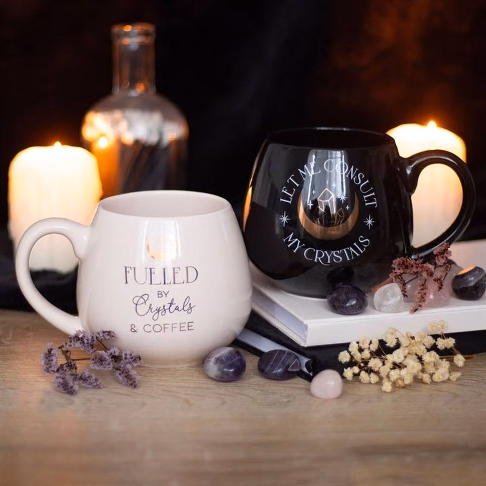 Uniqueful Let Me Consult My Crystals Rounded Ceramic Mug in Black and Gold, 550ml – 2