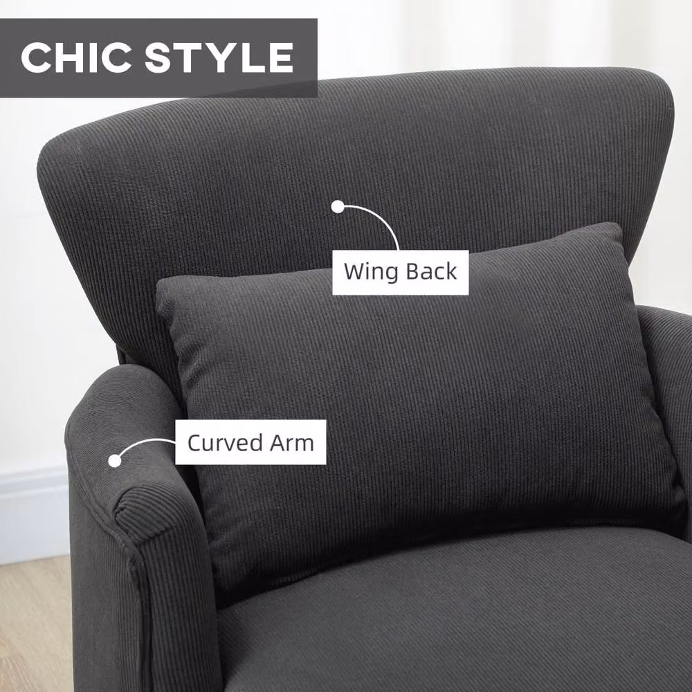 Wyld Haus Mielyo Black Corduroy Retro Accent Armchair with Solid Wood Frame, W/D/H: 78.0 x 69.0 x 69.5 cm – 7