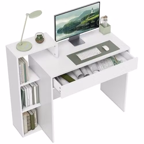 HOMCOM Modern White Computer Desk with Storage, W: 100 cm, D: 40 cm, H: 90 cm – 1