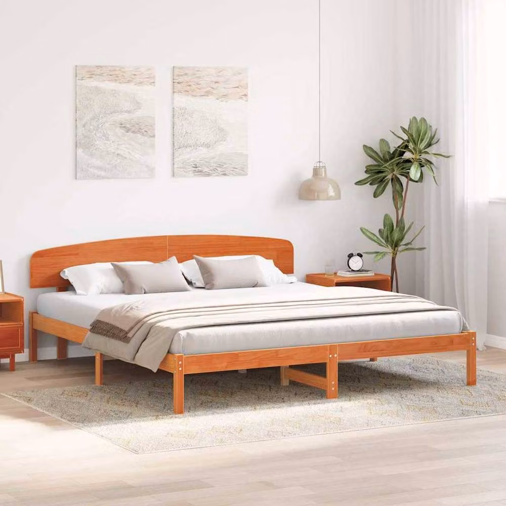 Berkfield Home Modern Solid Wood Pine Bed Frame with Headboard, Wax Brown, W/D/H: 180 x 200 x 74 cm – 2