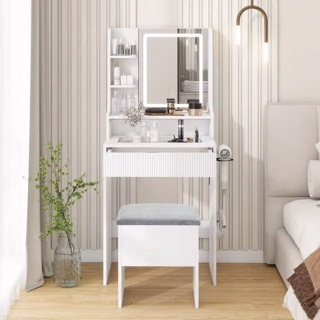 EONLION White Modern Vanity Dressing Table with Hollywood LED Light Mirror and Glass Storage