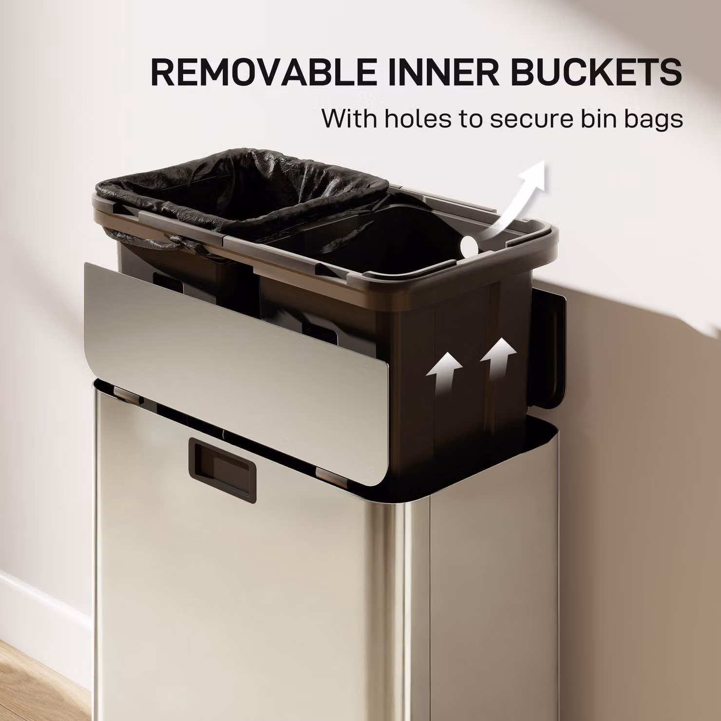 HOMCOM Dual Kitchen Pedal Bin with Soft-Close Butterfly Lid, 2 x 28L Stainless Steel Recycling and Waste Bin with Removable Inner Buckets, Fingerprint-Proof, Silver Tone – 4