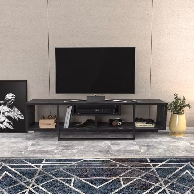 Asal Minimalist TV Unit in Black and Black Marble Effect, W: 120 cm