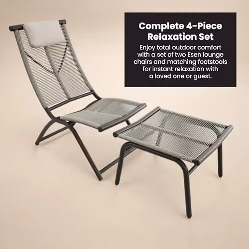 Solace+Co Esen Rattan Garden Lounge Chair and Footstool Set in Brown and Beige – 3