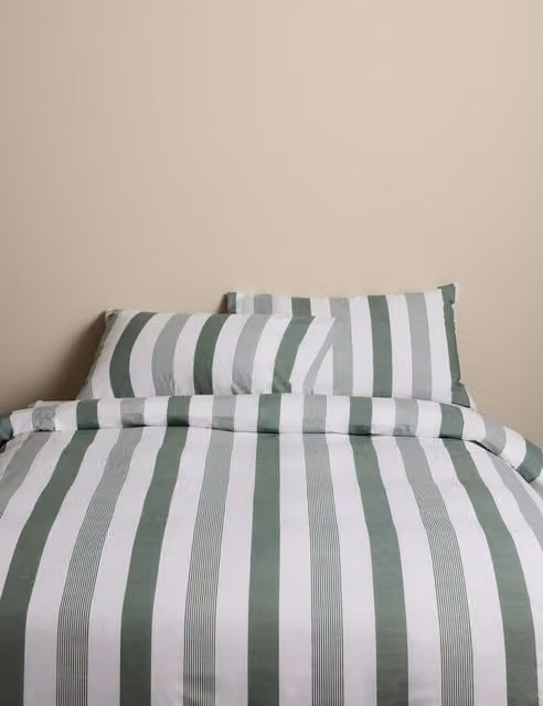 M&S Pure Cotton Signature Stripe Bedding Set, Green Mix, W: 140 cm, L: 200 cm