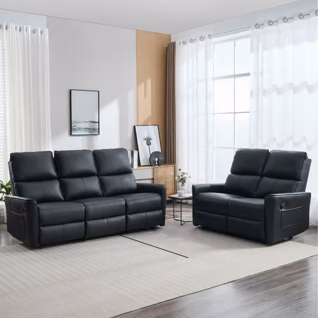 More4Homes Madrid 5-Seater Manual Air Leather Recliner Sofa Set in Black