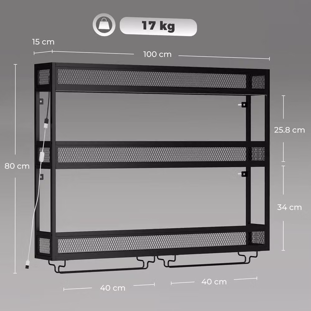 HOMCOM Wall-Mounted Metal Wine Rack with Integrated LED Lights and Glass Holders, Black – 3