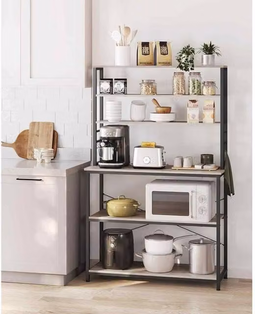 The Bazaarist Kitchen Bakers Rack and Coffee Bar with 6 Adjustable Shelves and 6 Hooks in Grey and Black
