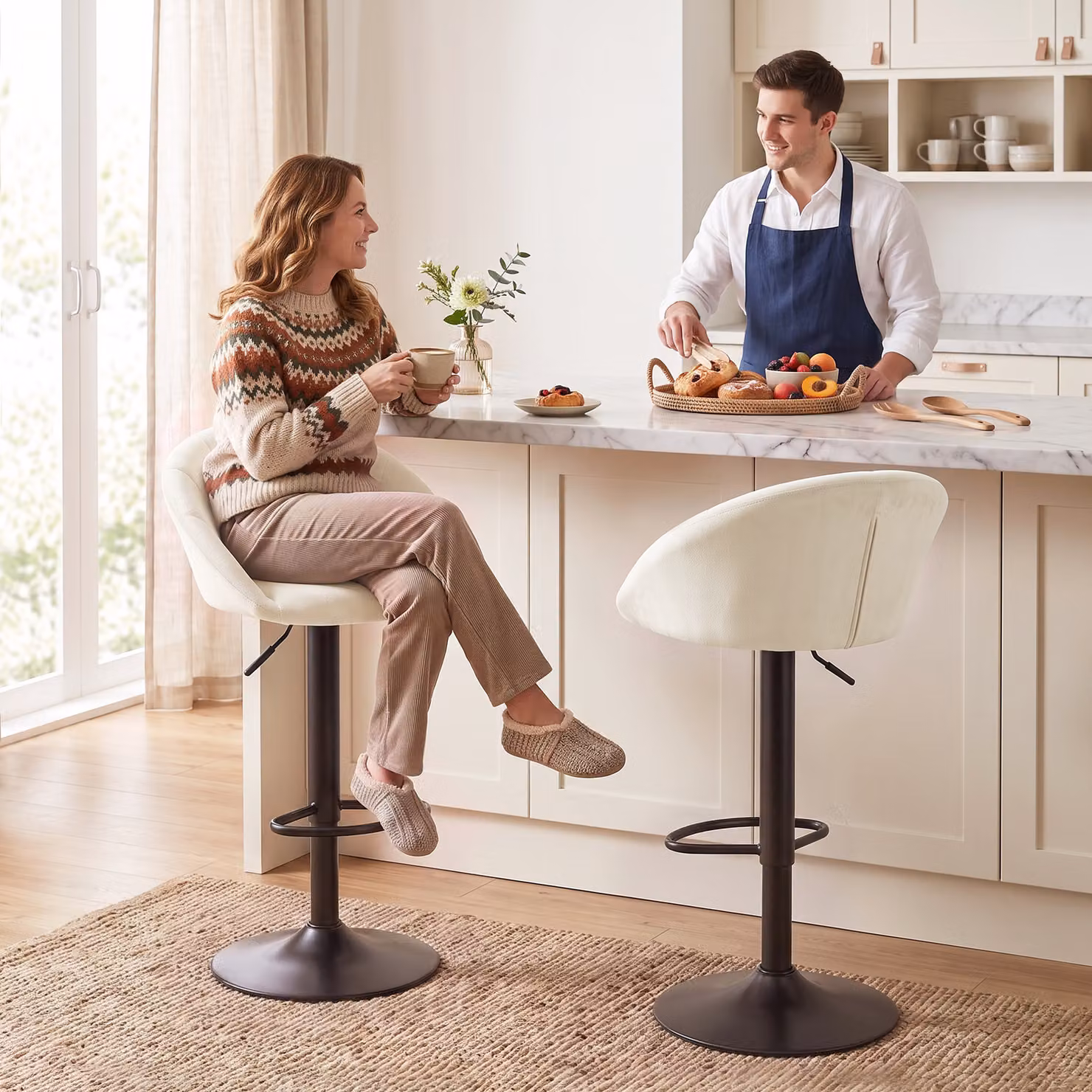HOMCOM Modern White Velvet Swivel Counter Stool with Backrest – 2