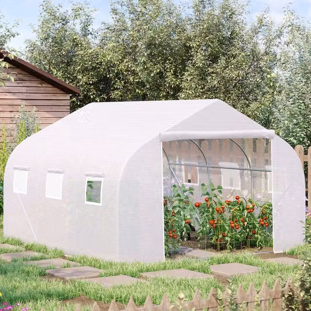 OUTSUNNY Walk-In Polytunnel Greenhouse with Roll-Up Door Windows, White, W/D/H: 300 x 200 x 300 cm – 1