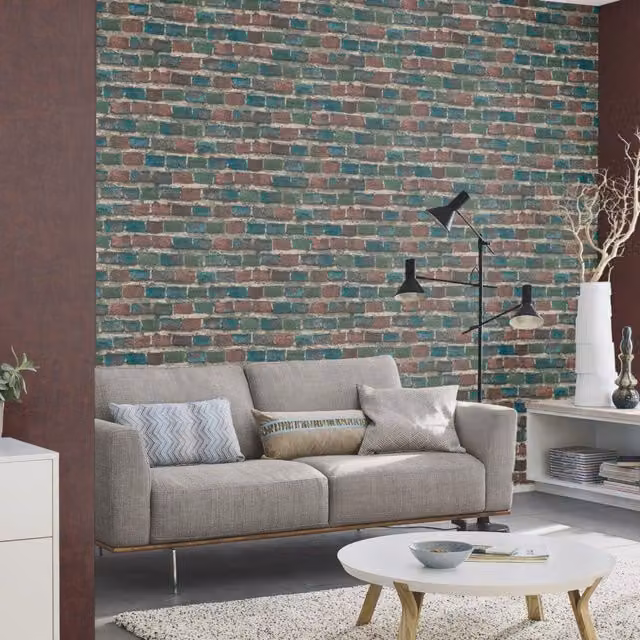 Rasch Textured Industrial Brick Wall Vinyl Wallpaper in Teal