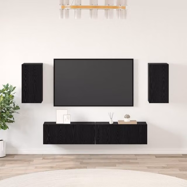 Berkfield Home 4-Piece Wall-Mounted TV Cabinet Set with Storage and Door in Black Oak, W/D/H: 80 x 30 x 30.5 cm