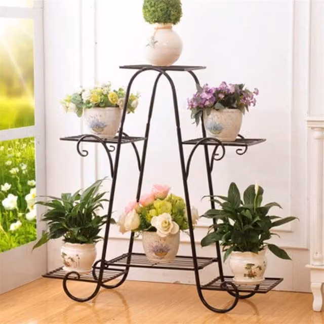 NESTLUNE 6-Tier Metal Plant Stand in Matt Black for Indoor and Outdoor Use, H 84.3 x W 100 x D 15 cm