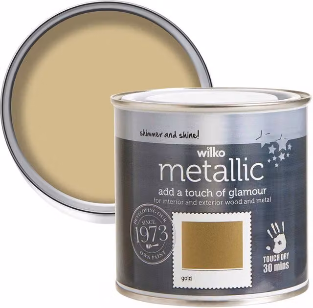 wilko Quick Drying Opaque Metallic Paint for Wood and Metal, Gold, 250ml