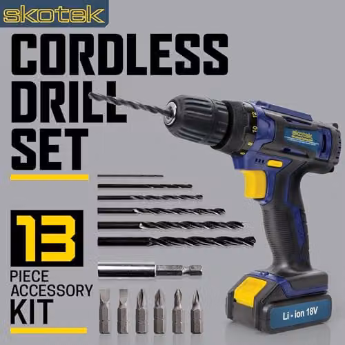 Skotek 18V Cordless Drill and 13-Piece Bit Set with Rechargeable Battery in Blue – 2