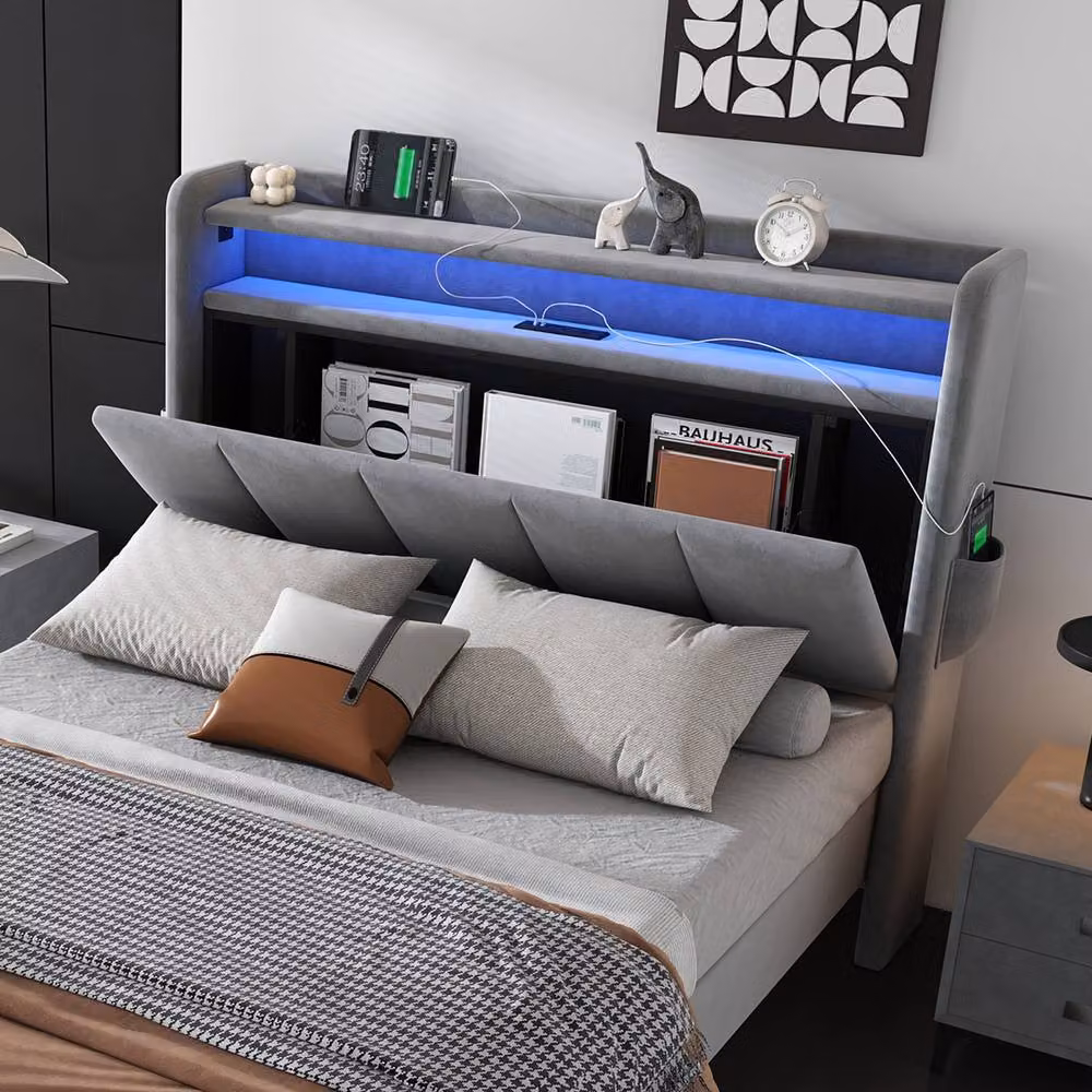 Rolipo Grey Velvet Upholstered Single Bed with LED Under-bed Lighting, USB Charging Port and Side Storage Compartments, W/D/H: 90 x 190 x 107 cm – 7