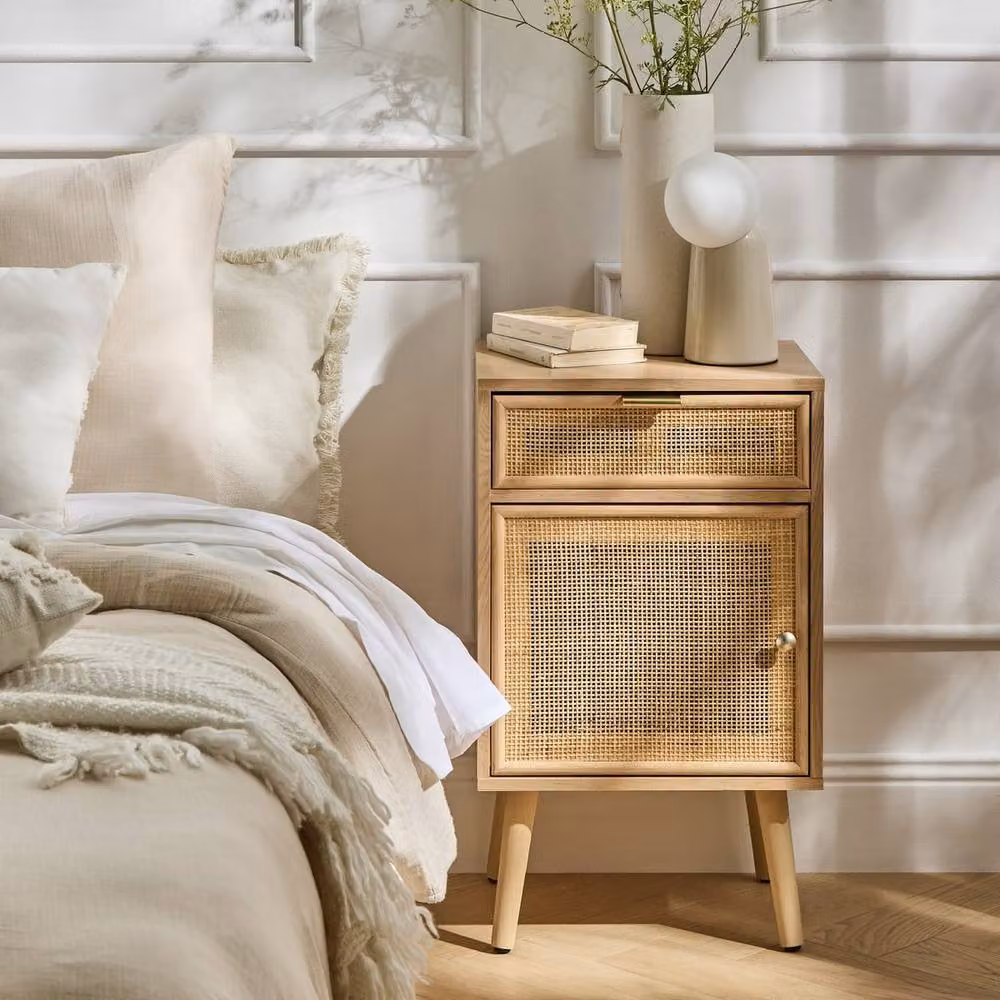 CALICOSY MIYA Bedside Table with Natural Rattan Caning in Light Brown, W/D/H: 36.5 x 36.5 x 71.0 cm – 2