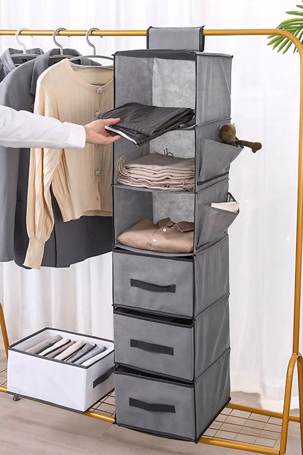 H&O Direct 6-Layer Foldable Hanging Clothes Storage Organiser Bag in Grey – 3