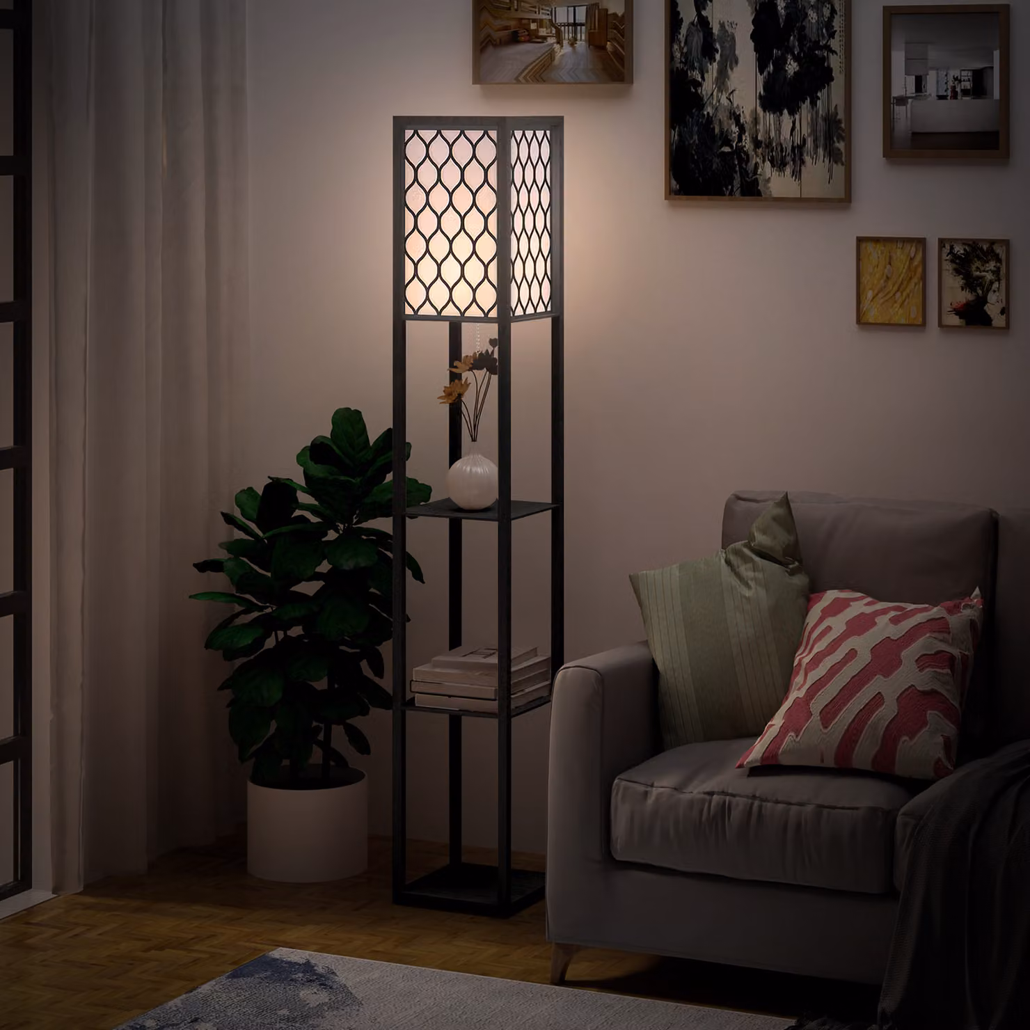 HOMCOM Modern Black Floor Lamp with 4-Tier Open Storage Shelves, H 160 x W 26 x D 26 cm – 2